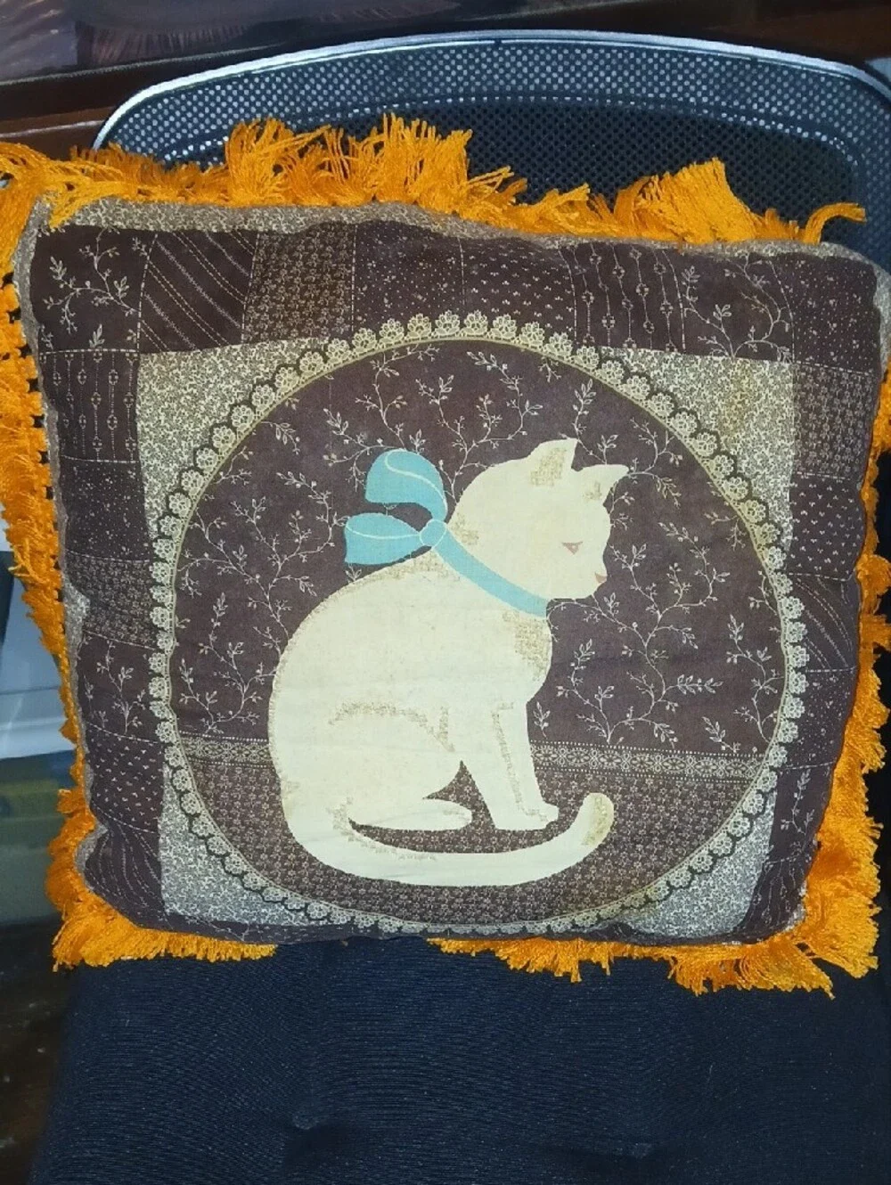 Cat Motif Fringe Accent Pillow - Brown with Orange Fringe